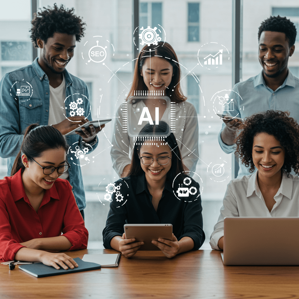 Diverse small business owners using AI technology with icons of automation, SEO, marketing, and growth in a modern professional setting