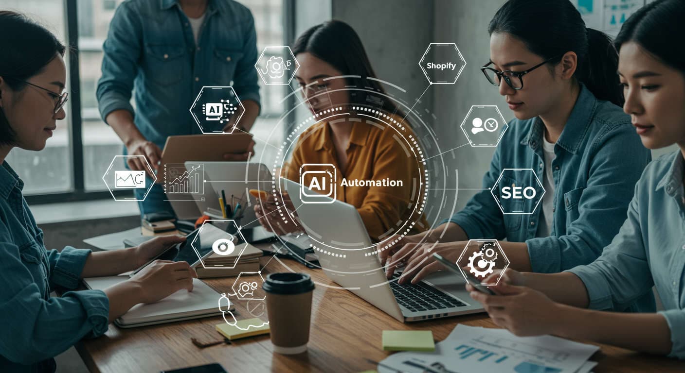 Small business owners and startup entrepreneurs using laptops with AI automation, Shopify, and SEO icons in a modern office environment representing ecommerce growth