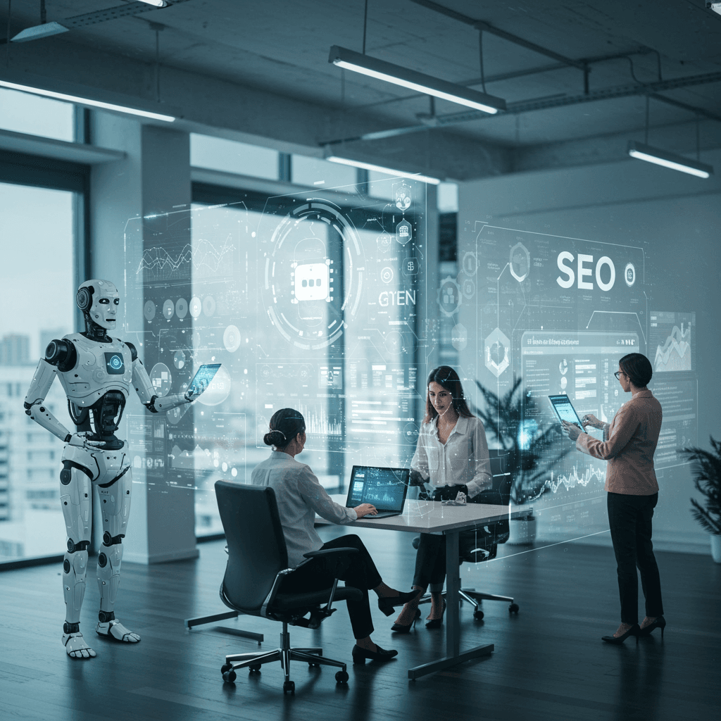 A futuristic office environment showing a diverse team of humans and AI robots collaborating on digital content creation with holographic screens displaying data and SEO analytics.