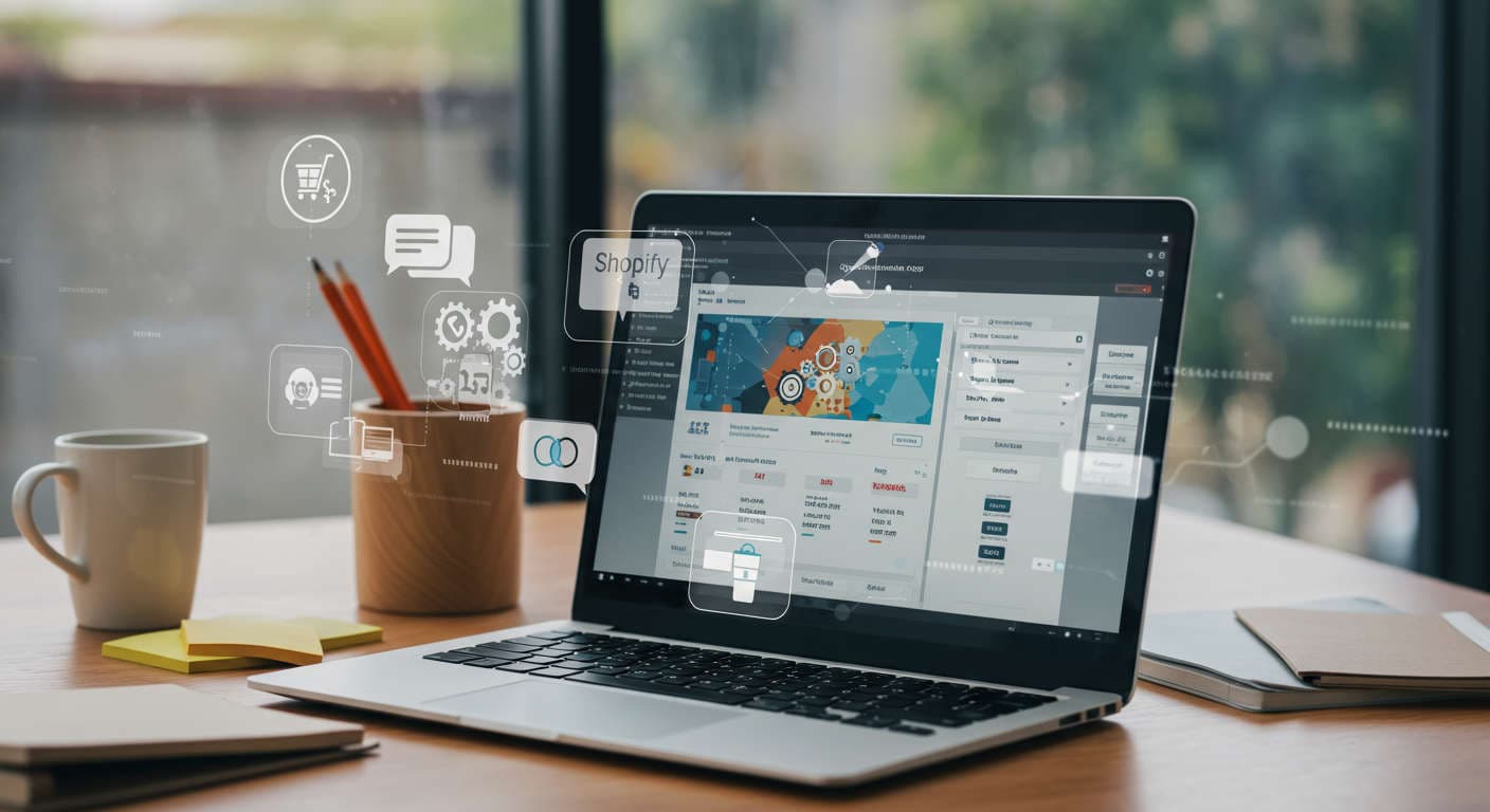 Modern ecommerce workspace with laptop displaying Shopify dashboard surrounded by AI and automation icons representing AI-driven lead generation and sales automation for small businesses and startups