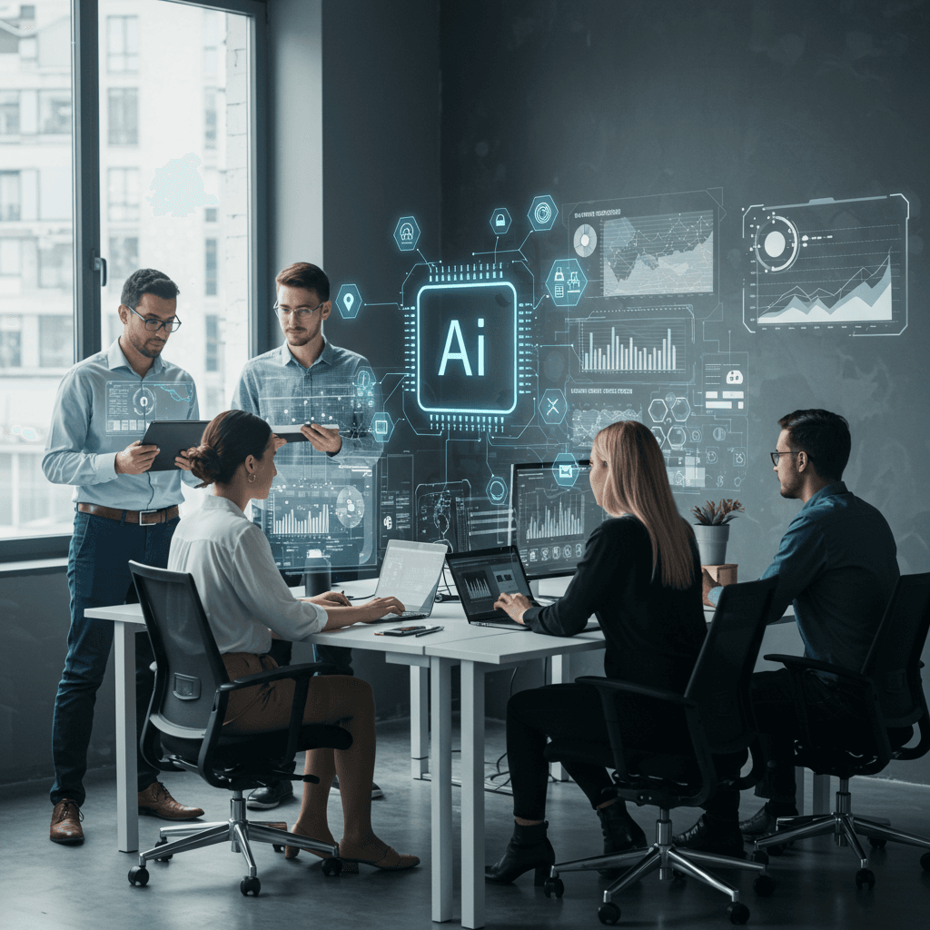 Diverse small business owners collaborating with AI technology in a modern office, showcasing digital screens with data and automated workflows for SME content creation and growth