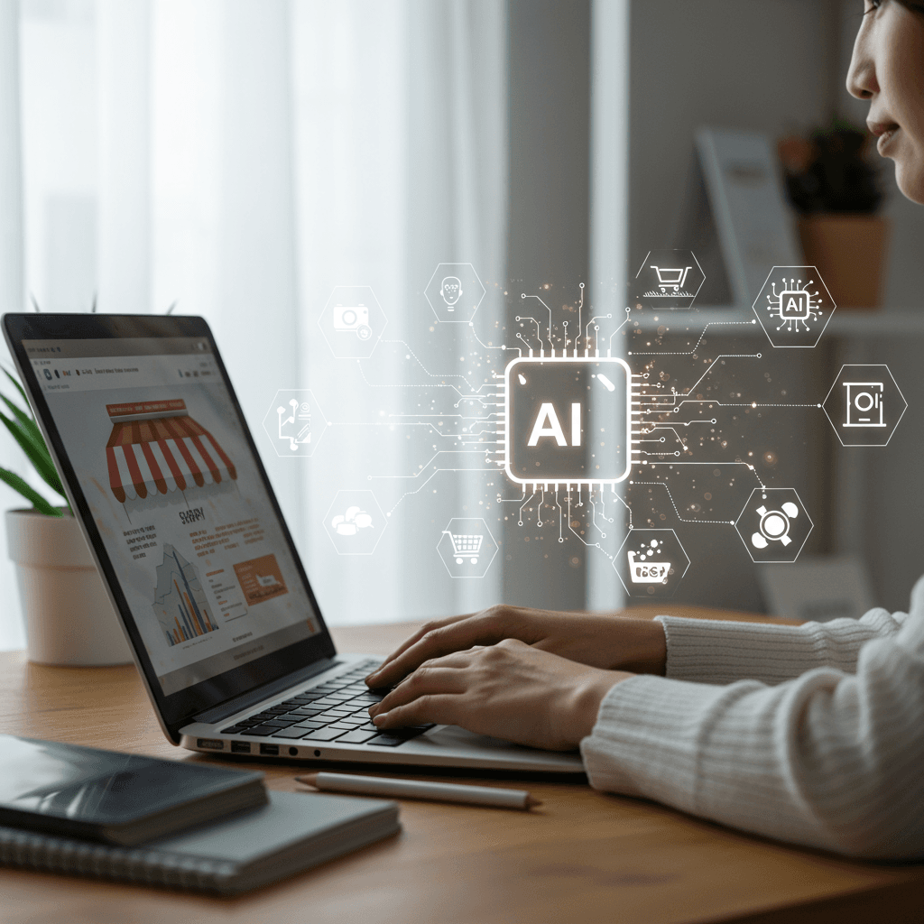 Small business owner working on laptop with Shopify store and AI automation icons in a bright home office environment