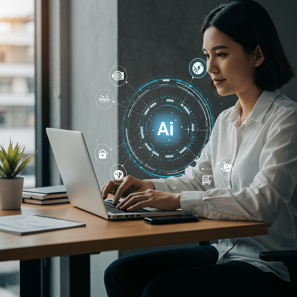 Small business owner using AI virtual employee on laptop with icons of compliance, automation, Shopify and WordPress integration in a modern office setting