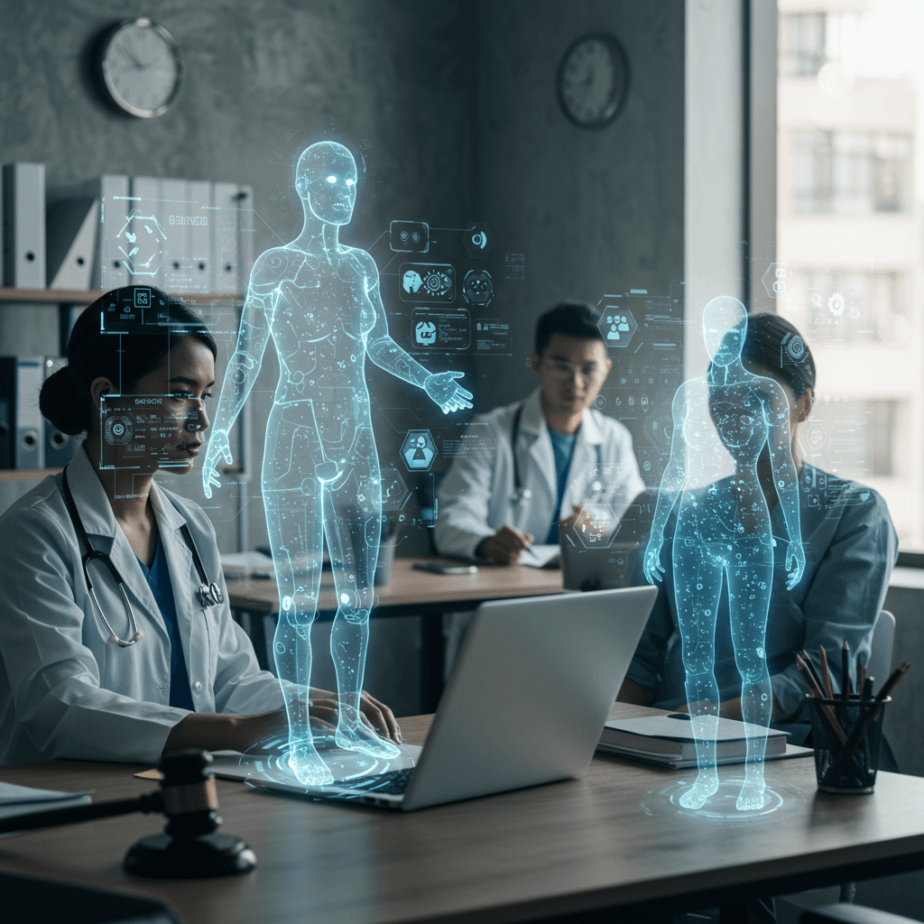 Futuristic office scene with diverse professionals and AI virtual agents collaborating through holographic interfaces in a modern high-tech environment