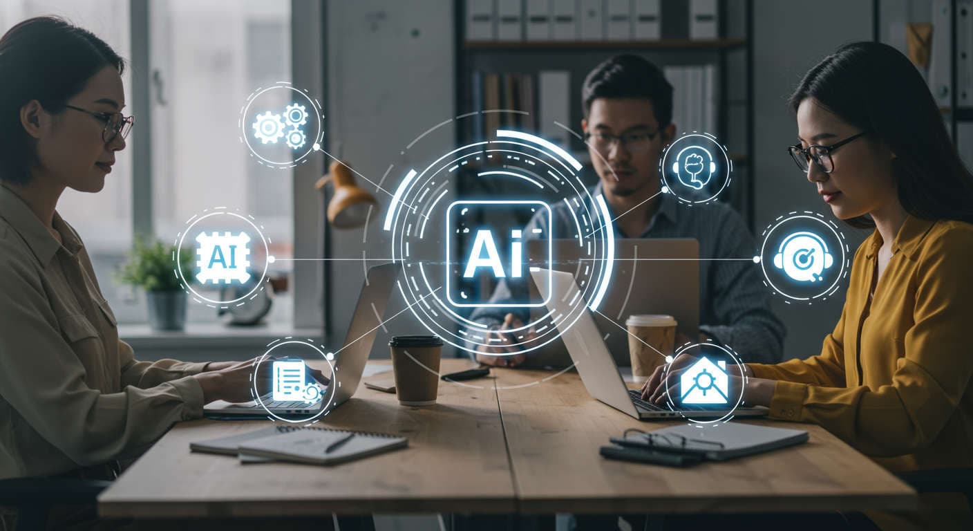 Modern small business office with diverse team using laptops and AI icons representing content automation and customer support integration for SMBs