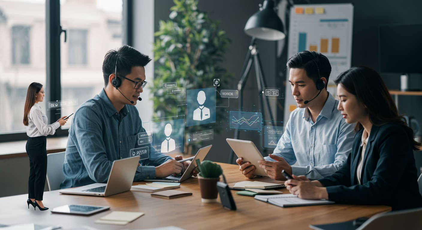 Diverse small business owners and startup employees engaging with AI virtual employees on digital devices, representing AI customer support automation in a modern business environment