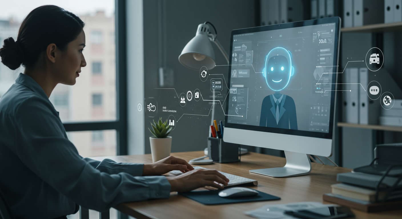 Small business owner interacting with AI virtual assistant on computer screen, representing AI virtual employee training and automation for SMBs