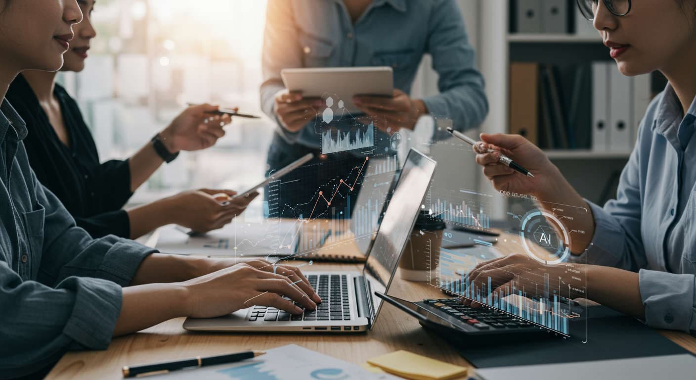 Small business owners and startup entrepreneurs using AI technology with digital analytics overlays for competitor analysis and market insights in a modern office setting