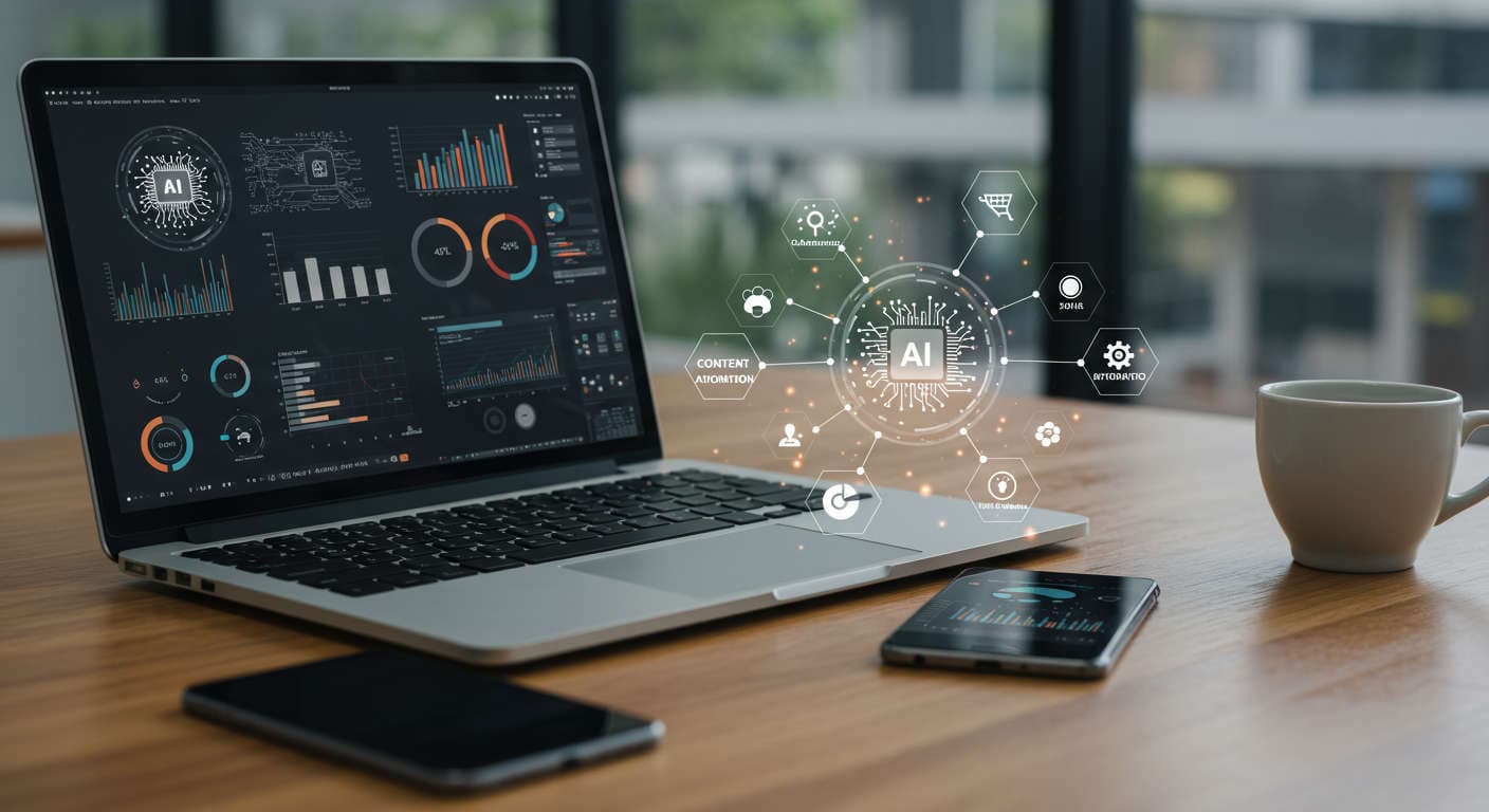 Modern digital workspace with laptop and smartphone displaying AI dashboards and analytics, symbolising AI-powered automation and growth for small businesses and startups