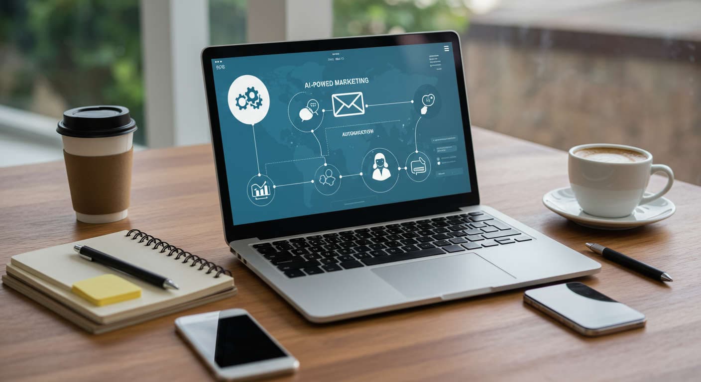 Modern workspace with laptop displaying AI email marketing dashboard and automation icons, symbolising AI email marketing automation for SMBs