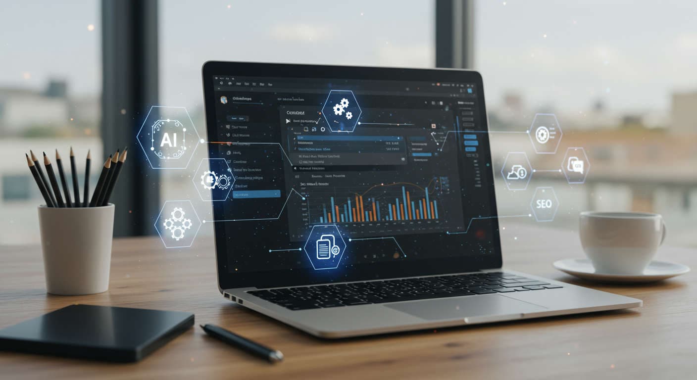 Modern office workspace with laptop showing WordPress dashboard surrounded by digital icons for AI, automation, SEO, and blogging, symbolising efficient content creation for SMBs and startups
