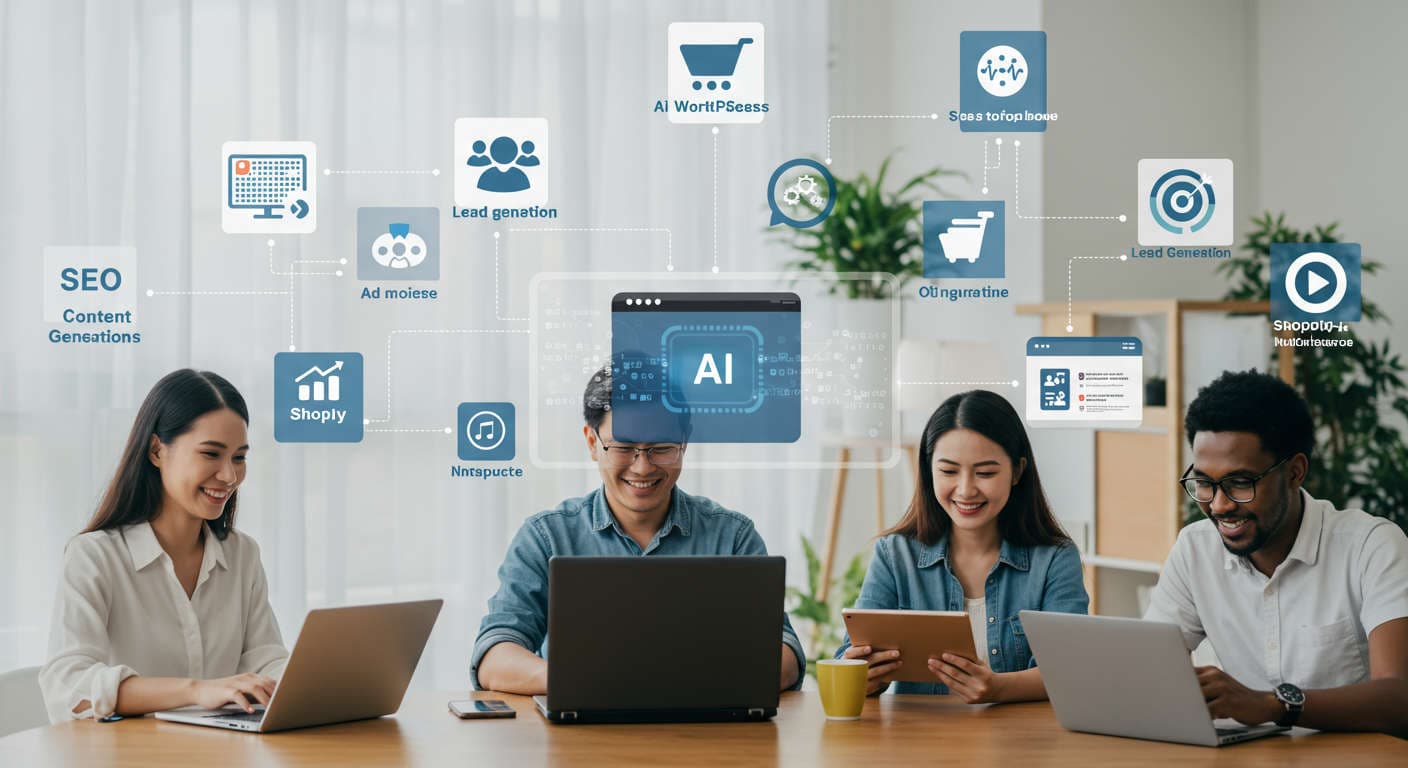 Diverse small business owners and startup founders using AI virtual employees on laptops and tablets, integrating AI with WordPress and Shopify for no-code automation and SEO content creation.