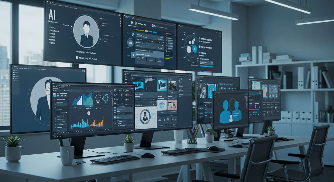 Modern office workspace with AI automation dashboards, WordPress and Shopify plugin interfaces, virtual AI employees, and no-code onboarding tools representing innovation and efficiency for SMBs and startups