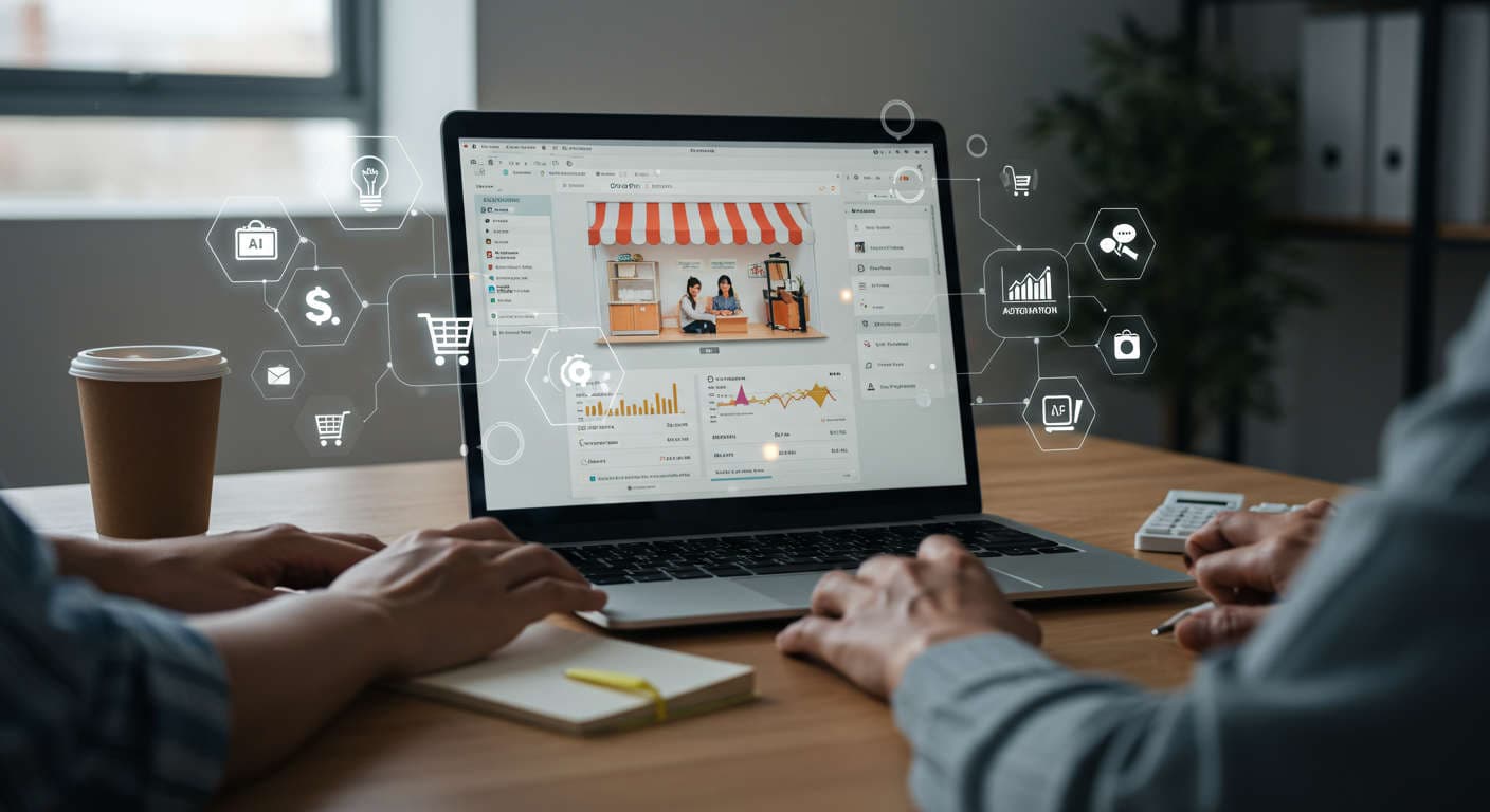 Modern ecommerce workspace with laptop displaying Shopify dashboard, AI automation icons, and digital marketing symbols representing AI-powered product description automation for Shopify stores