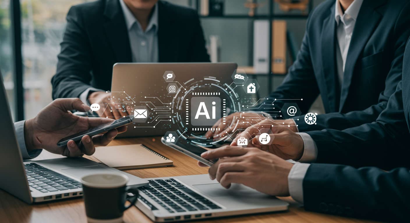 Small business owners using AI technology for email marketing automation with digital marketing icons in a modern office setting