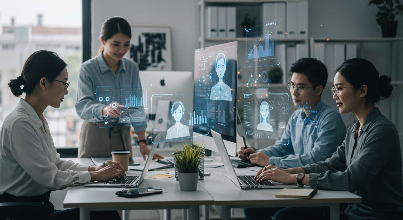 Diverse small business owners collaborating with AI virtual employees in a modern office, showcasing automation and growth through digital assistants and technology integration