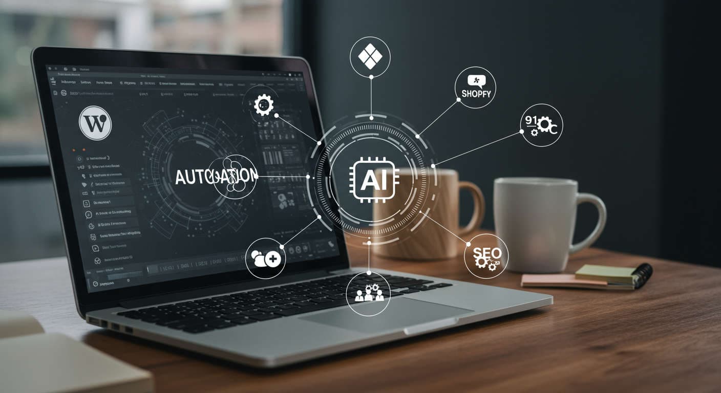 Modern office workspace with laptop showing AI automation software and icons for WordPress, Shopify, AI virtual employees, SEO, and automation tasks representing SMB digital transformation in 2024