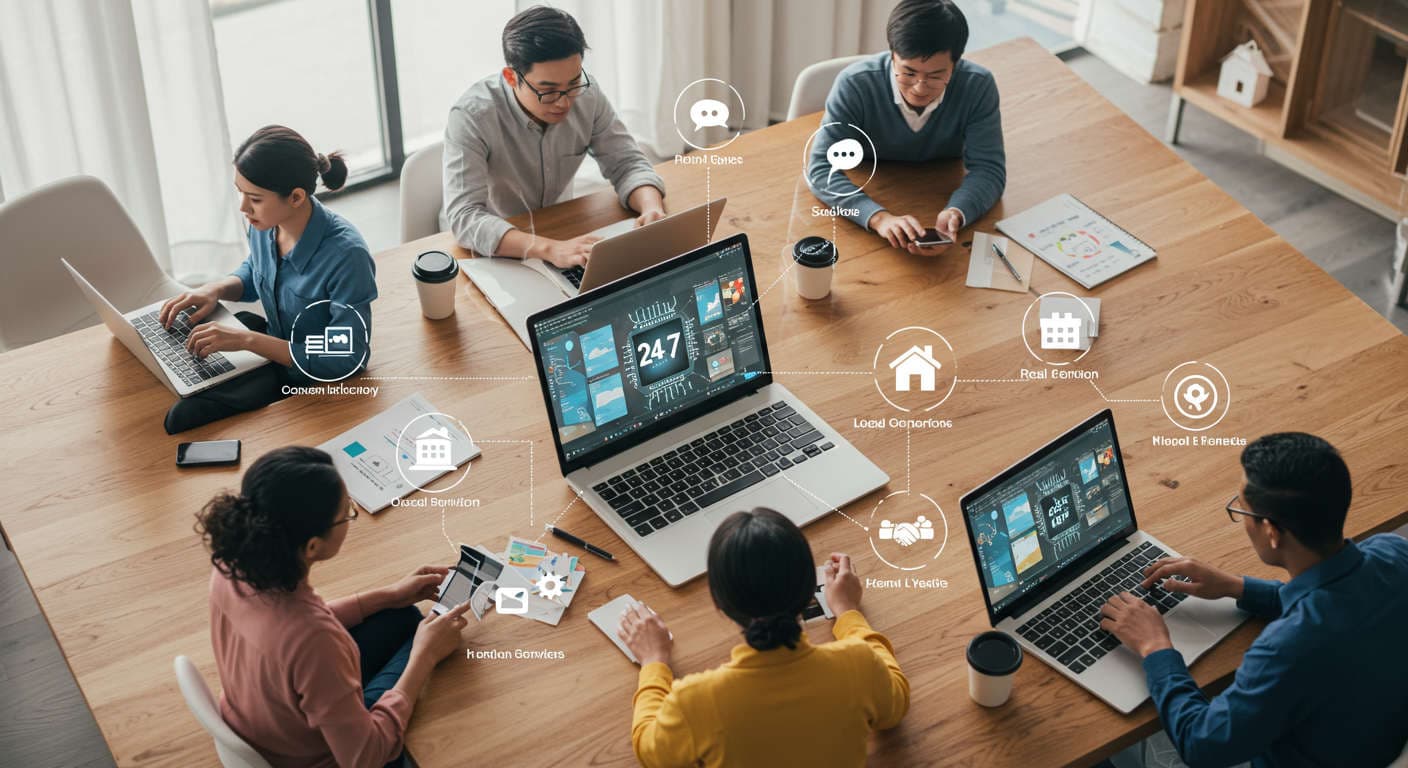 Diverse small business owners and startup entrepreneurs using AI technology on laptops and mobile devices, surrounded by icons representing ecommerce, local services, SaaS, real estate, healthcare, and hospitality, symbolising 24/7 AI automation and lead generation.