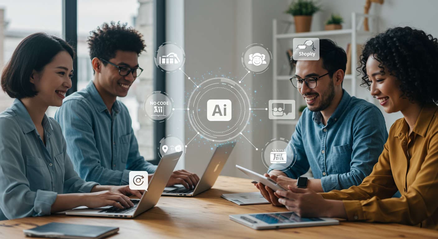 Diverse small business owners using laptops and tablets with AI virtual assistant icons, representing no-code AI onboarding for WordPress and Shopify in a modern office setting