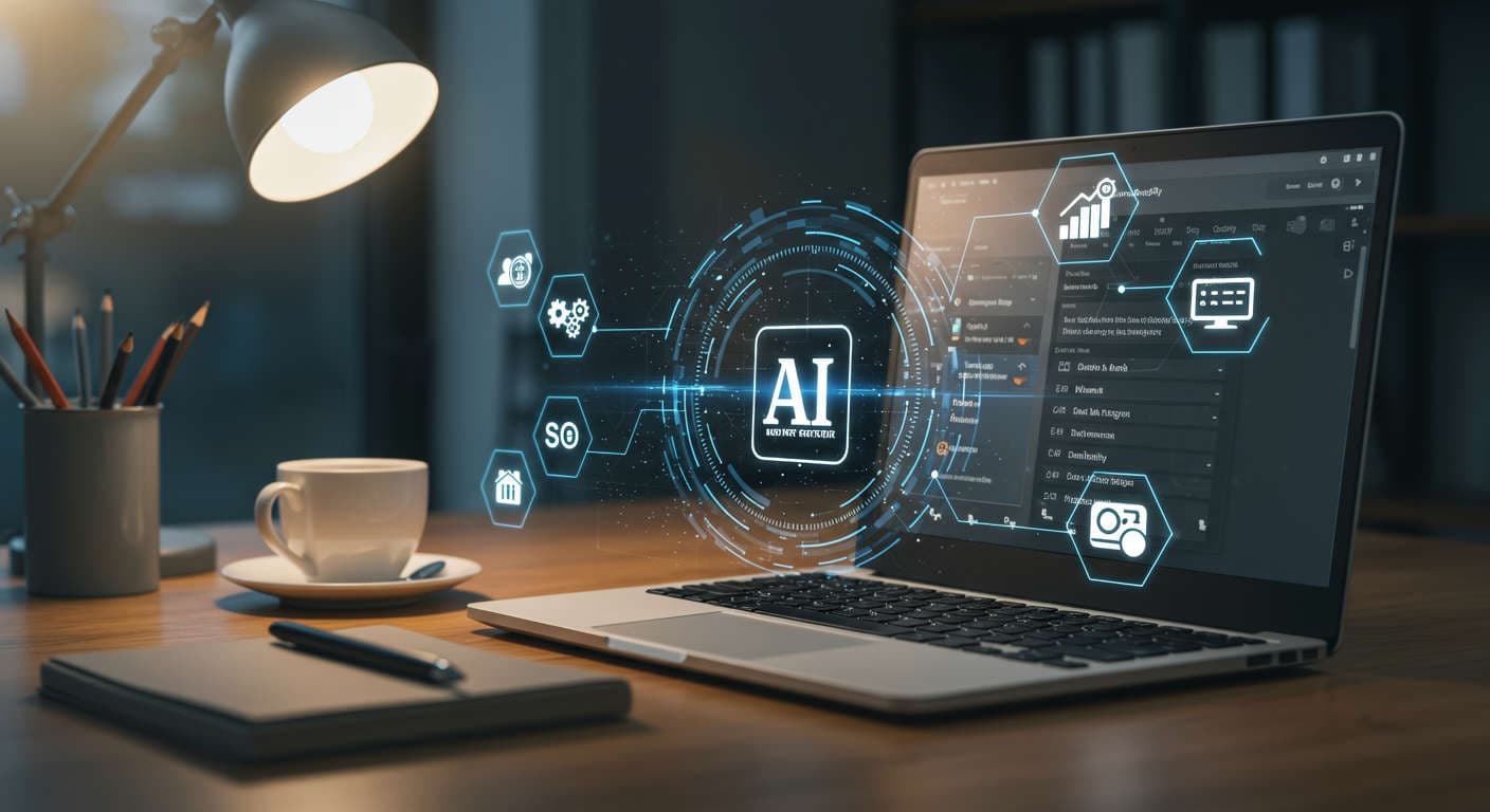 Modern small business office with laptop showing WordPress and Shopify dashboards, surrounded by AI and SEO automation icons representing efficient daily blog publishing and growth.