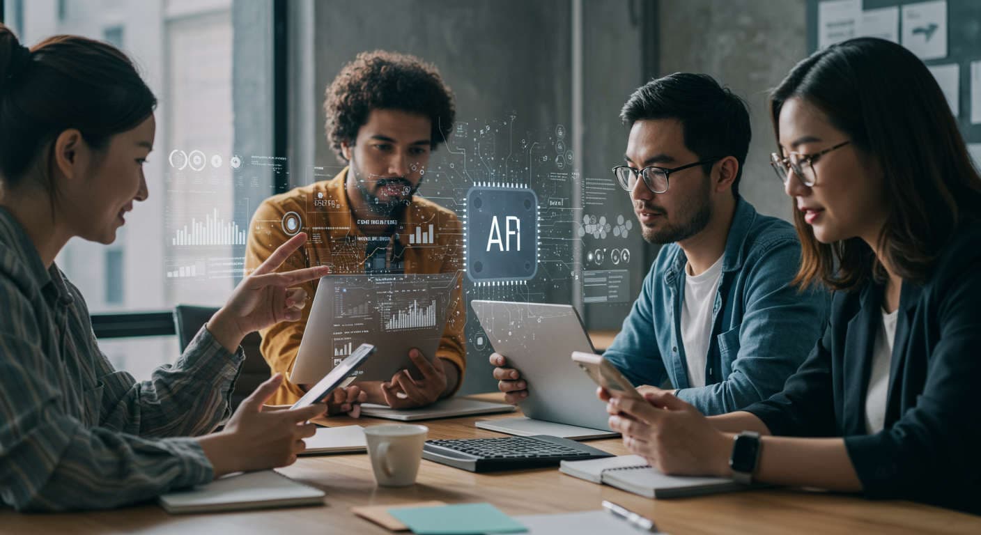 Diverse startup founders collaborating with AI technology for marketing automation in a modern office setting