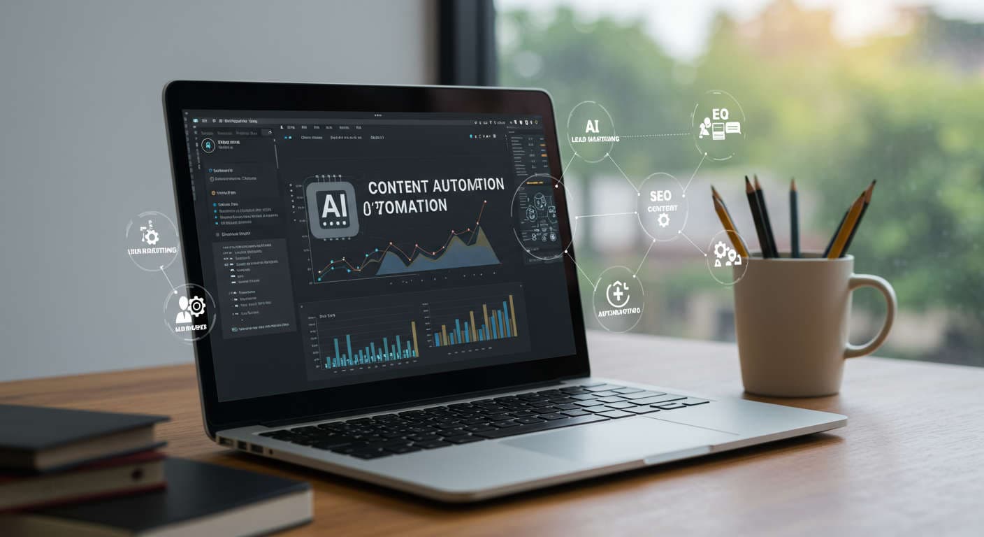 Modern office workspace with laptop showing AI content automation software, surrounded by icons representing AI virtual employees, lead nurturing, SEO content, and automation workflows, symbolising SMB growth and technology integration