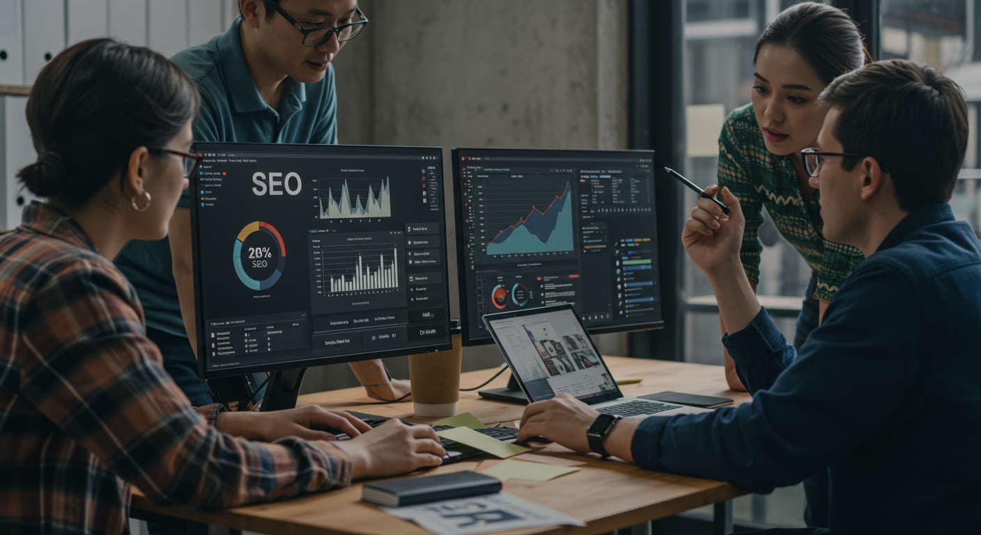 Small business owners and startup founders collaborating with AI technology, analysing SEO and competitor data on computer screens in a modern office setting.