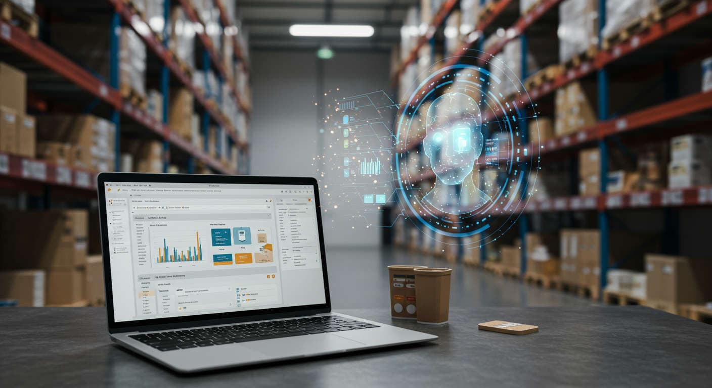 Modern ecommerce warehouse with shelves of products, a laptop showing Shopify dashboard, and a digital AI assistant hologram managing inventory, representing AI automation for Shopify inventory management for SMBs and startups