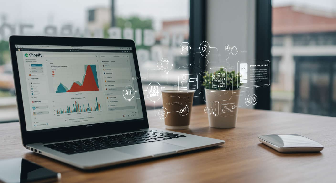 Modern digital workspace with laptop showing Shopify dashboard, AI virtual assistant icons, and automated blog post scheduling visuals representing AI-powered blogging automation for SMBs and startups