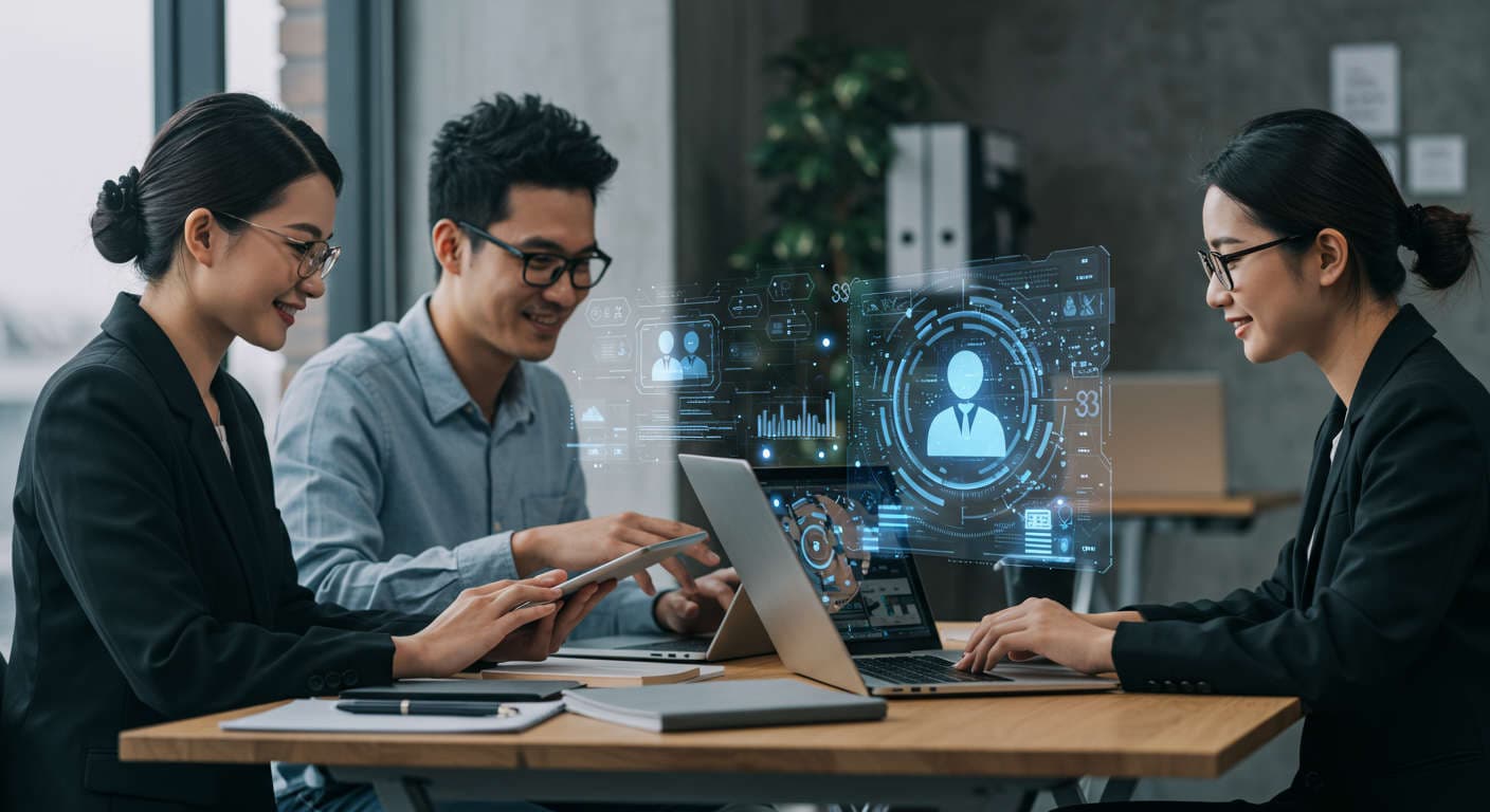 Diverse small business team collaborating with AI virtual employee technology on laptops and tablets in a modern office environment