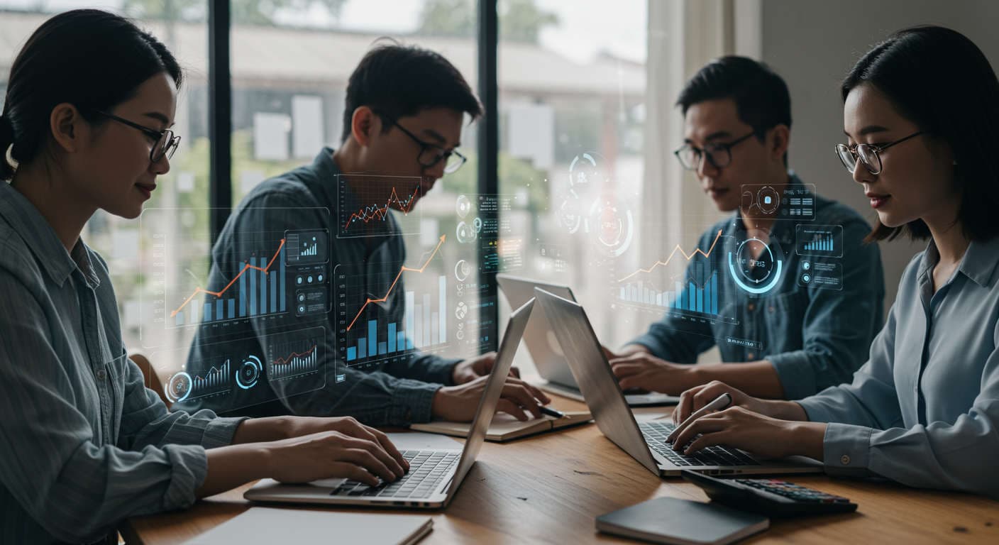 Diverse small business owners and startup entrepreneurs using AI virtual employees for lead generation and content automation in a modern office environment