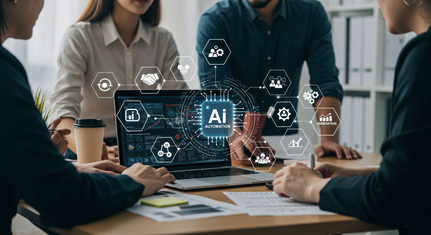 Modern small business office with laptop showing AI content automation software, surrounded by digital marketing icons and diverse team collaborating on AI-driven marketing strategies for SMBs and startups