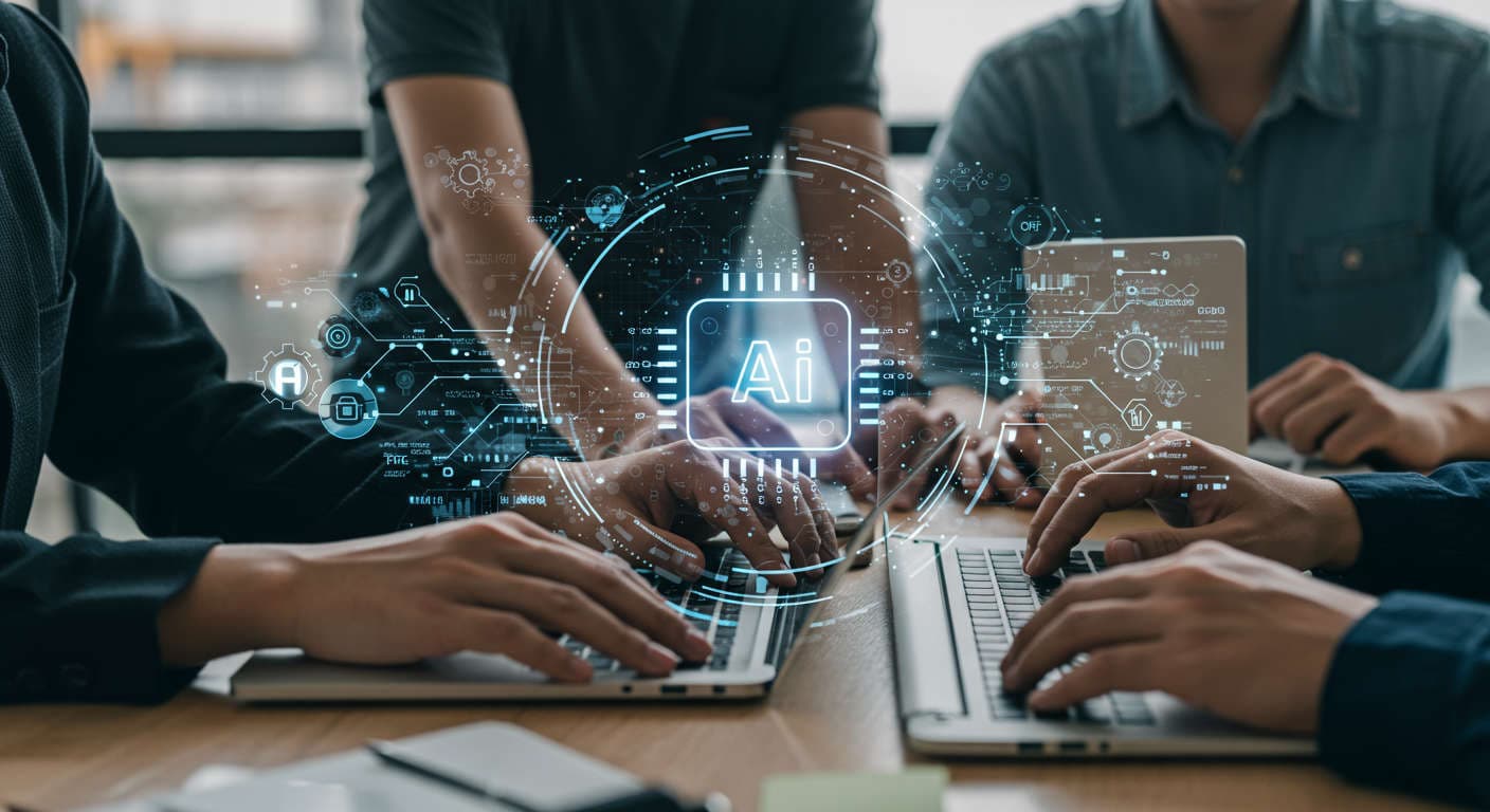 Diverse small business team working with AI marketing automation tools in a modern office environment, symbolising ROI measurement and digital marketing efficiency