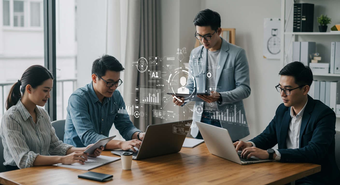 Diverse small business owners and startup founders collaborating with AI virtual employees on digital devices, illustrating automation and business growth across industries