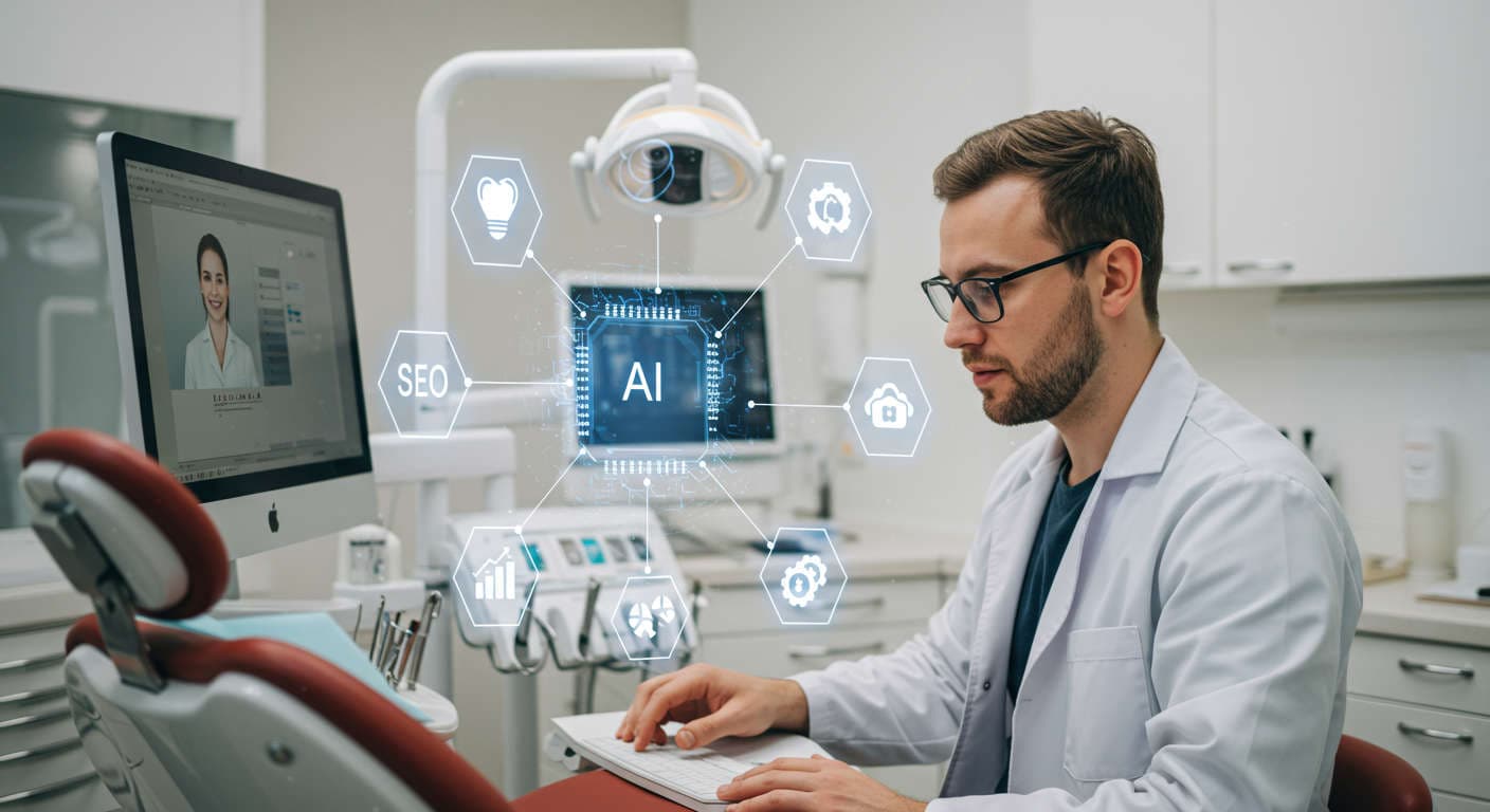 Modern dental clinic with a dentist using AI technology for SEO and content publishing in a bright professional setting