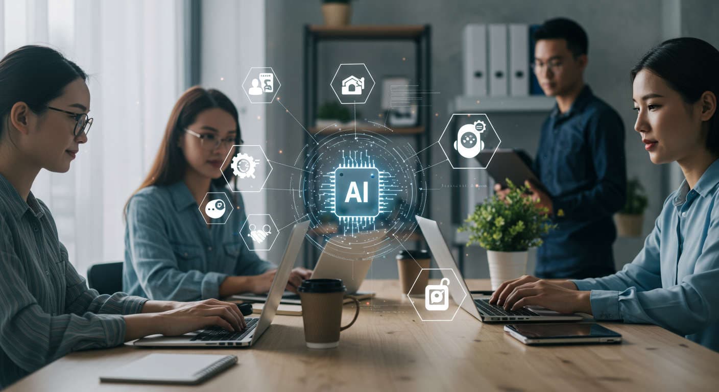 Modern small business office with diverse team using AI technology and virtual assistants for sales funnel automation