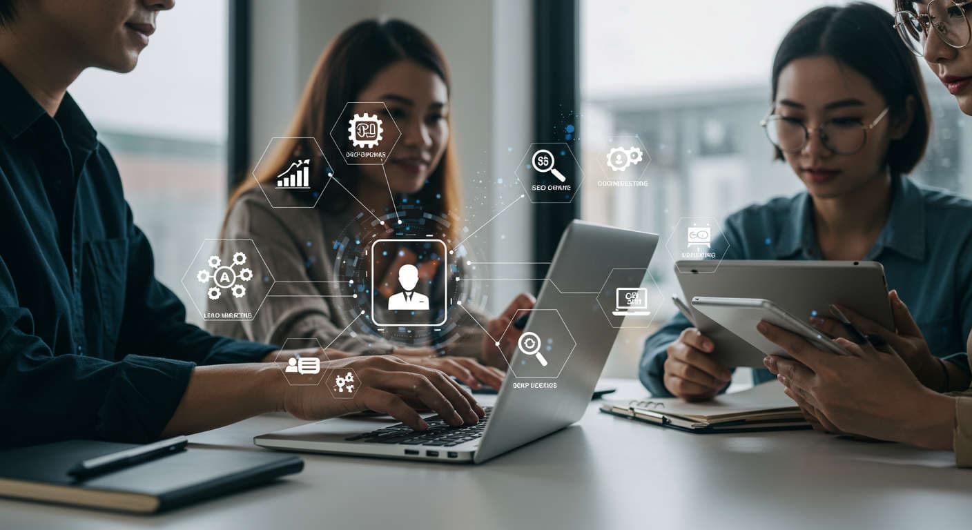 Small business owners and startup entrepreneurs using AI virtual employees for lead generation, SEO, and ecommerce automation in a modern office environment