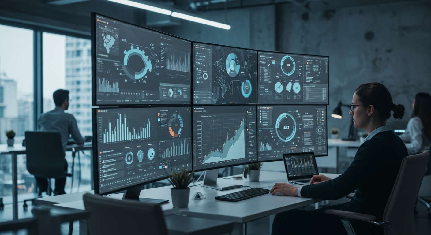 Modern digital workspace with AI technology analysing competitor data and keywords on multiple screens, representing AI competitor analysis and keyword discovery for SMBs