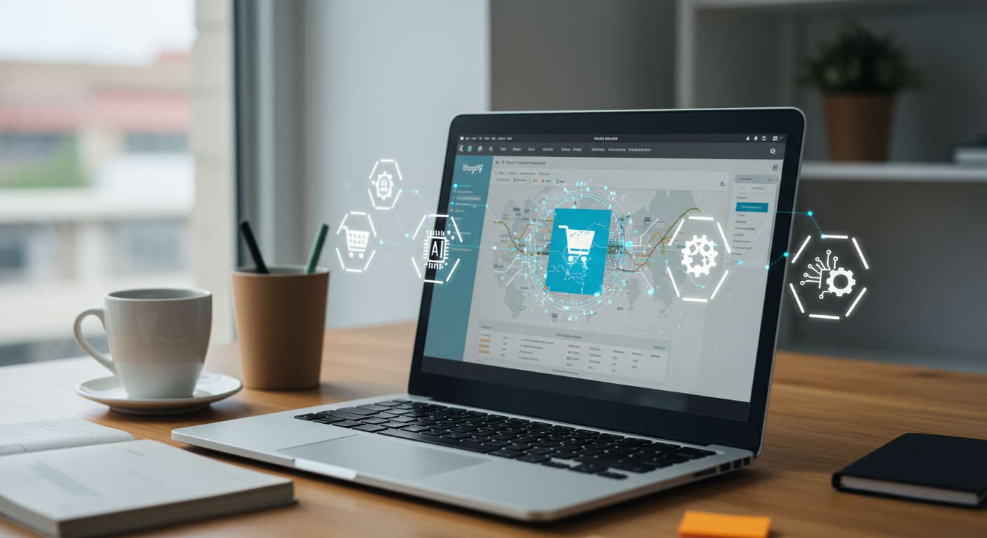 Modern e-commerce workspace with laptop displaying Shopify dashboard and AI automation icons, representing AI-driven Shopify inventory management for small businesses and startups