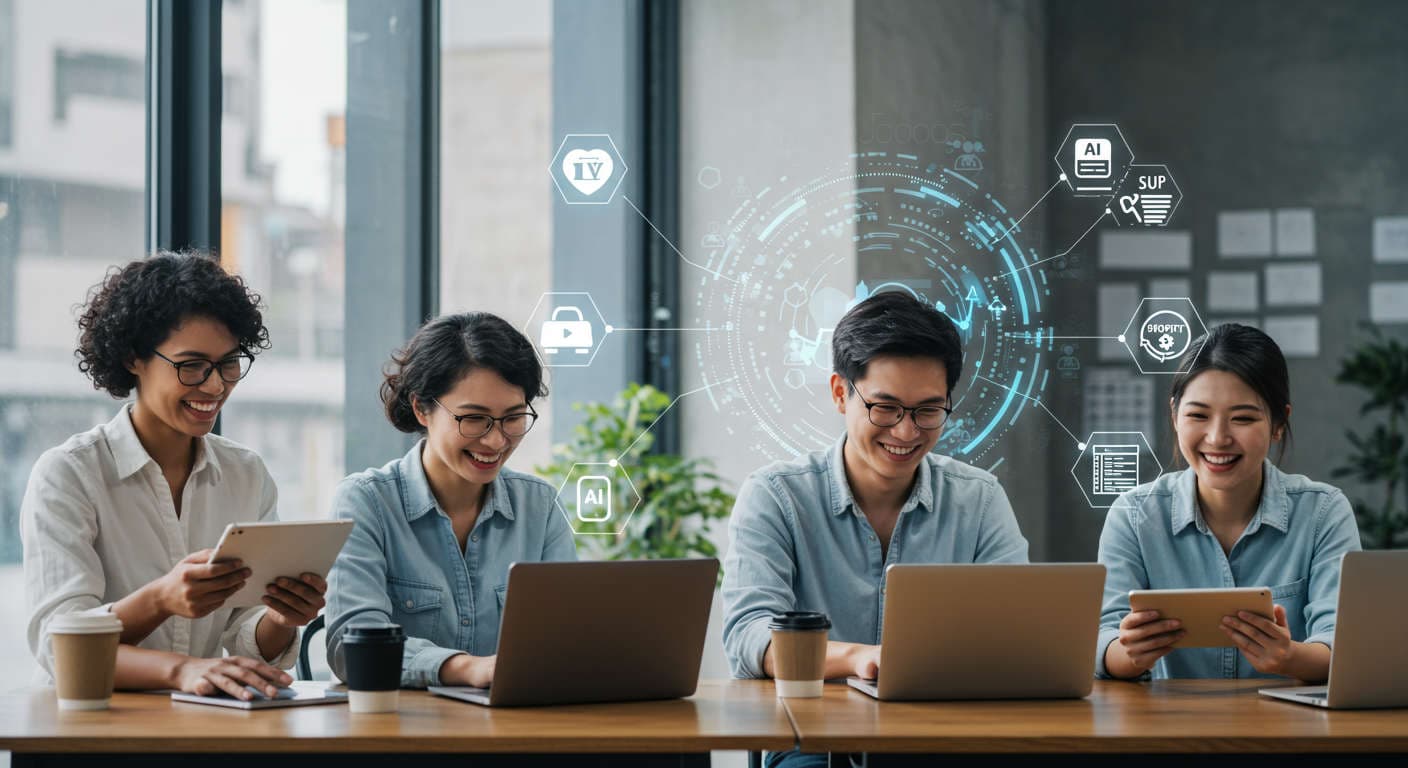 Small business owners and startup founders using AI virtual employees on laptops and tablets with icons representing AI automation, WordPress and Shopify plugins, and digital workflows in a bright, modern style