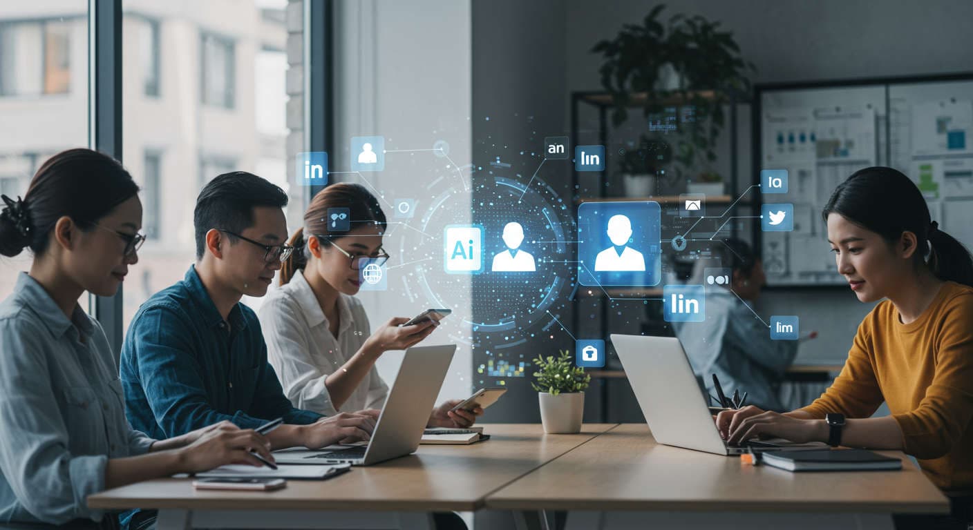 Small business owners and startup founders using laptops and mobile devices with social media icons around, assisted by a futuristic AI virtual employee hologram in a modern office setting.