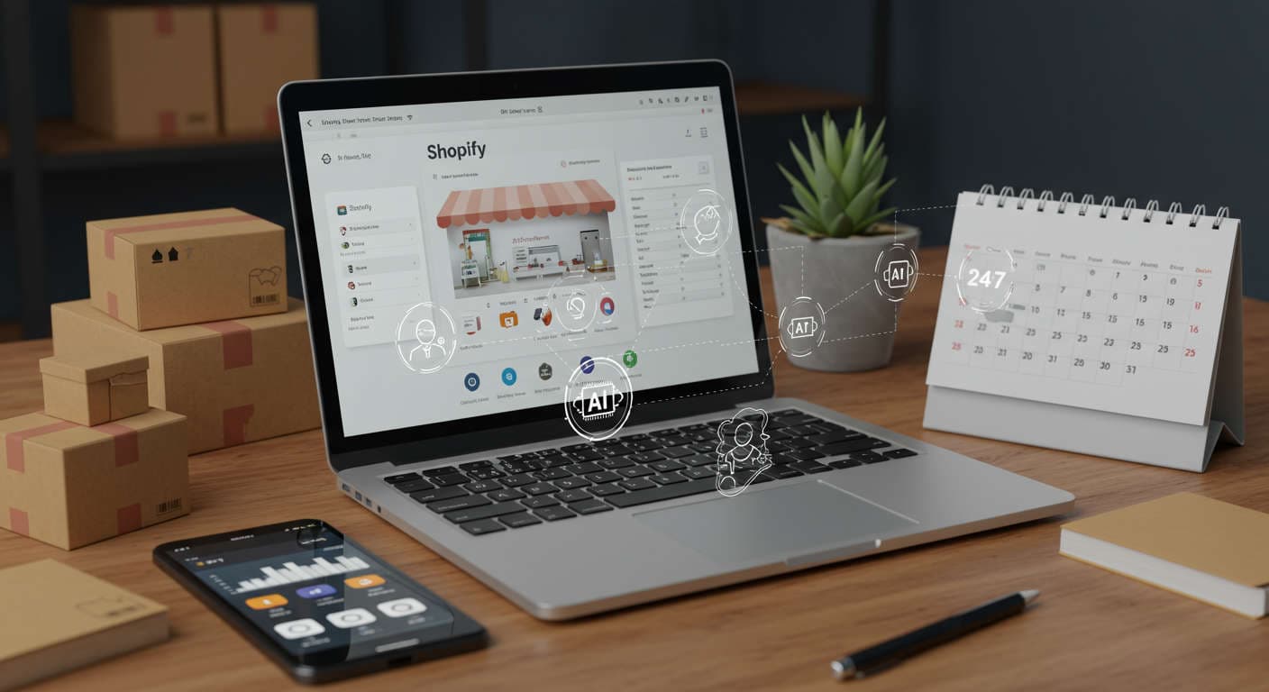 Modern e-commerce workspace with a laptop showing Shopify dashboard and AI virtual assistant icons, symbolising automation for small businesses and startups.