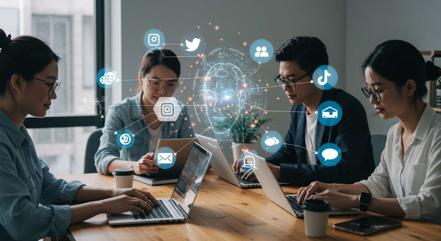 Small business owners and startup entrepreneurs using laptops and mobile devices with social media icons and a virtual AI assistant hologram, representing AI social media scheduling and automation.