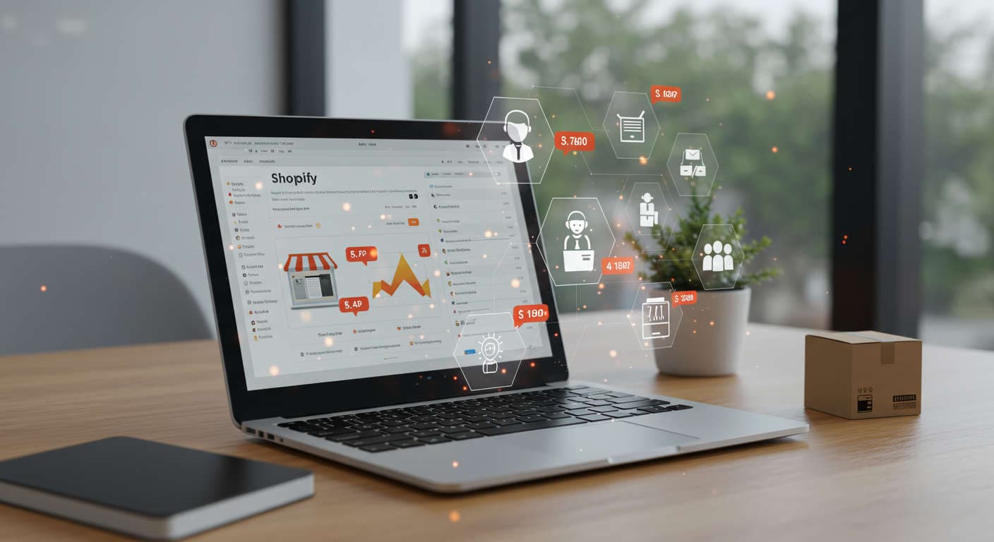 Modern e-commerce workspace with Shopify dashboard, AI virtual assistant icons, and automated order management elements symbolising efficiency and automation