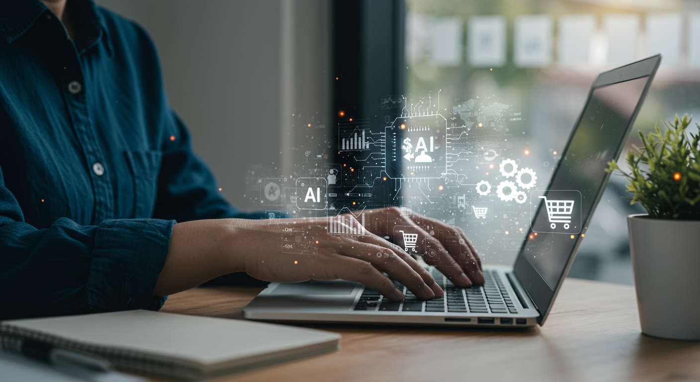 Small business owner using laptop with AI and data analytics icons, representing AI competitor analysis and market monitoring for SMBs and startups