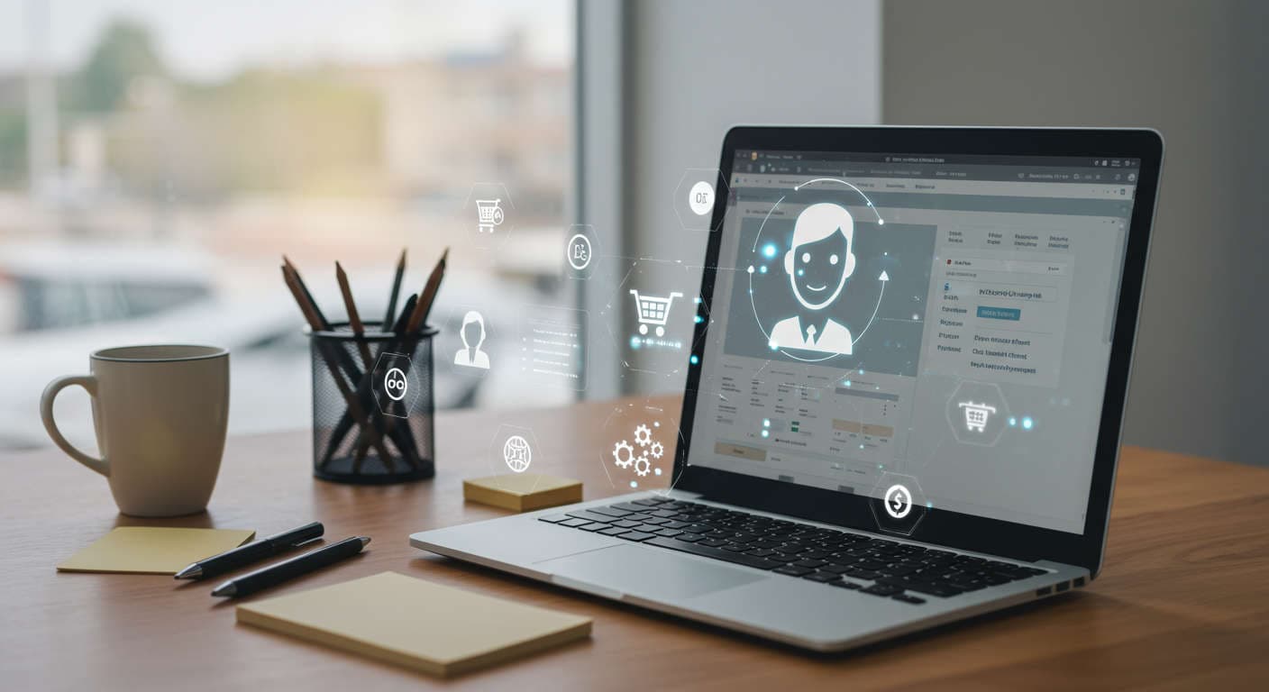 Modern e-commerce workspace with laptop displaying Shopify dashboard and AI automation icons, symbolising AI virtual employee automating product descriptions for small businesses and startups