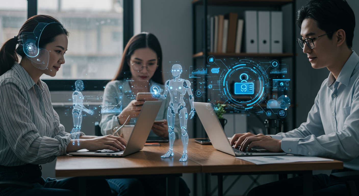 Diverse small business owners and startup entrepreneurs collaborating with AI virtual employees on digital devices in a modern office, symbolising AI-driven marketing automation and business growth