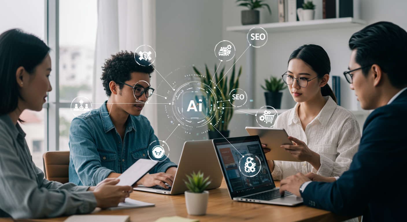 Diverse small business owners and startup entrepreneurs using AI-powered WordPress and Shopify plugins on laptops and tablets in a modern digital workspace with automation and e-commerce icons