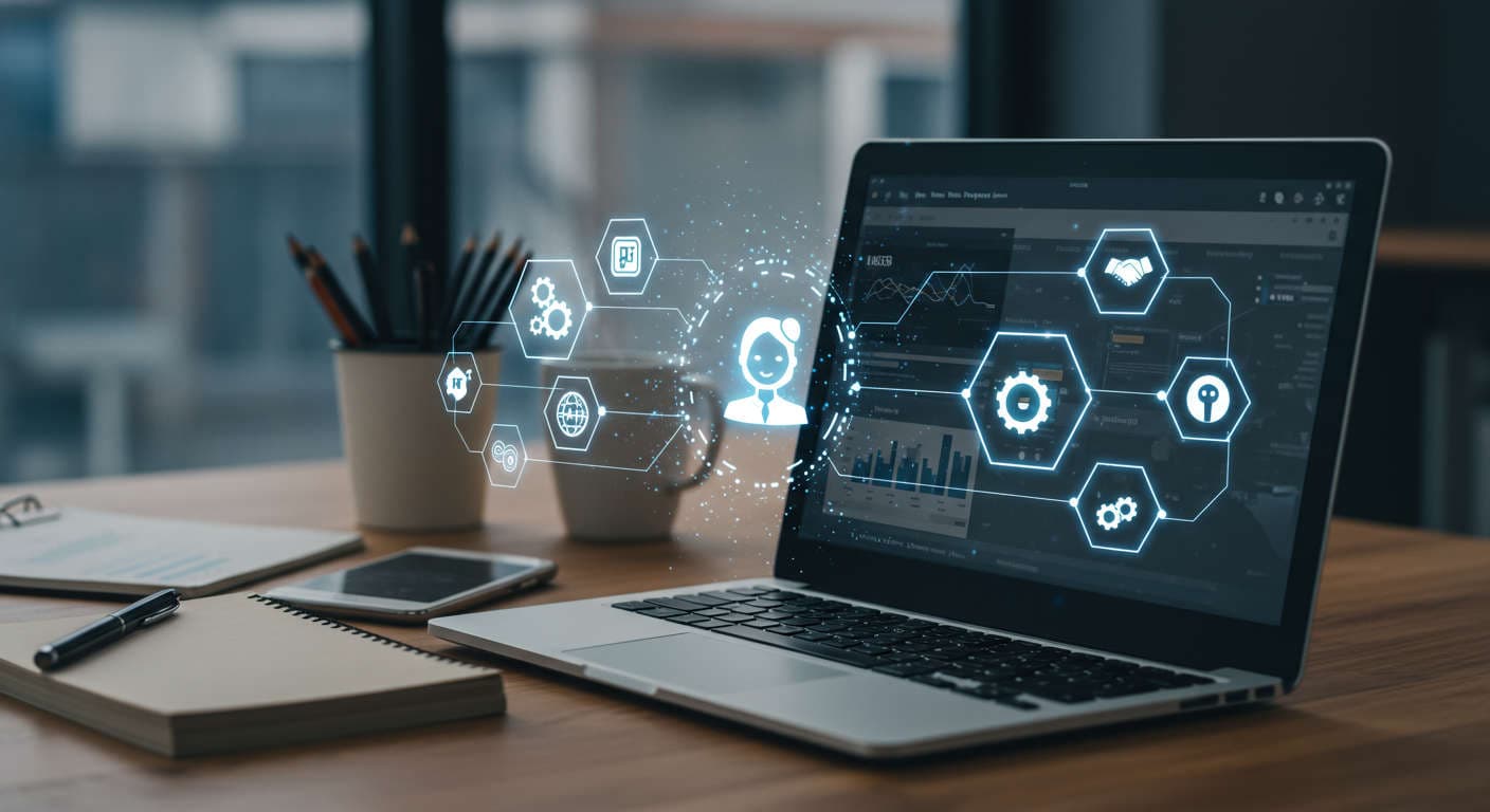 Modern workspace with laptop showing WordPress dashboard and AI virtual assistant icons representing no-code AI employee setup for SMBs and startups