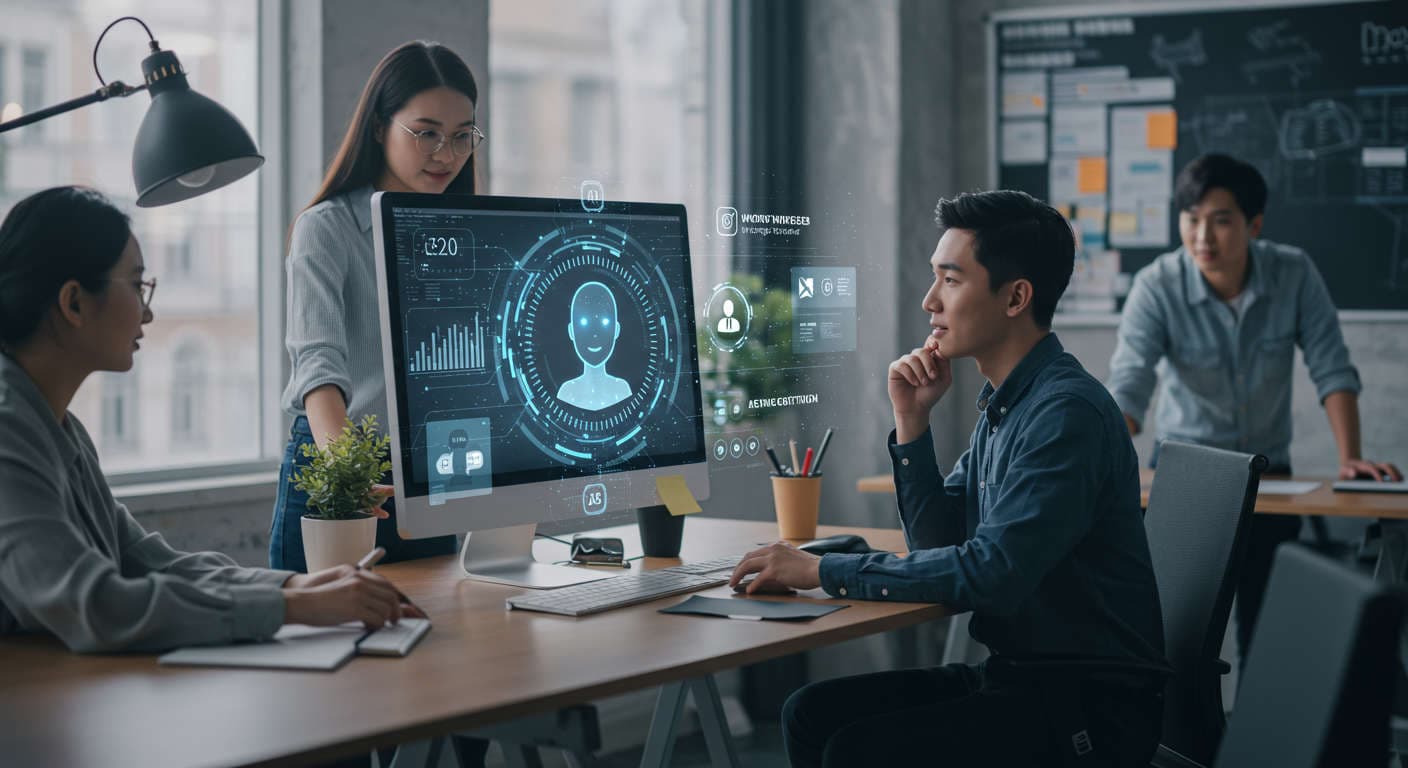 Diverse small business team working with AI technology on computers, illustrating automation and SEO growth with WordPress and Shopify integration in a modern office environment